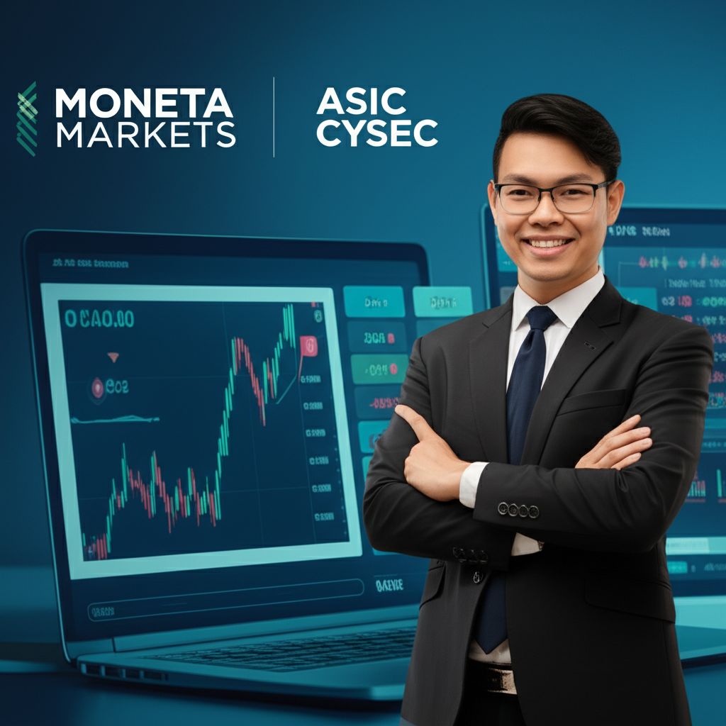 An illustration of Moneta Markets logo with FCA CySEC symbols diverse trading instruments and a confident Thai trader