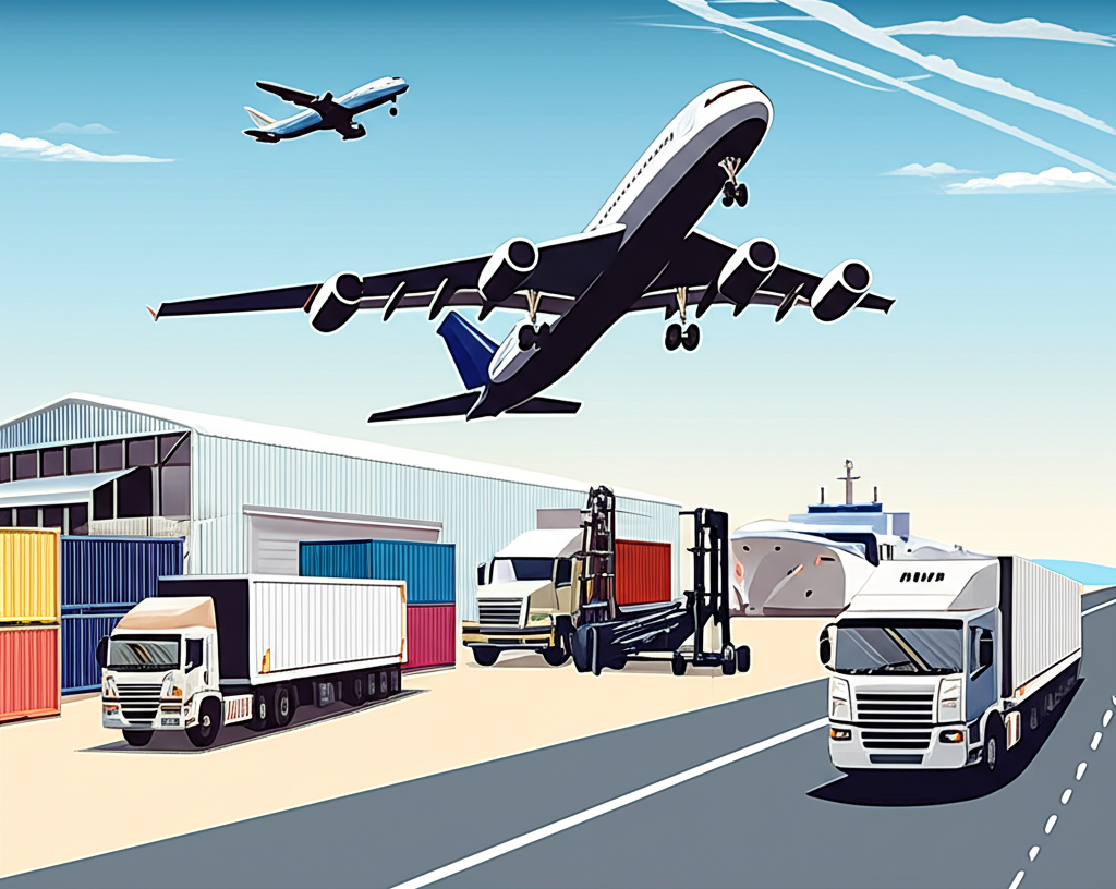 ภาพประกอบระบบโลจิสติกส์ที่หลากหลาย แสดงการขนส่งทางอากาศ ตู้คอนเทนเนอร์ทะเล คลังสินค้า และรถบรรทุกข้ามพรมแดน