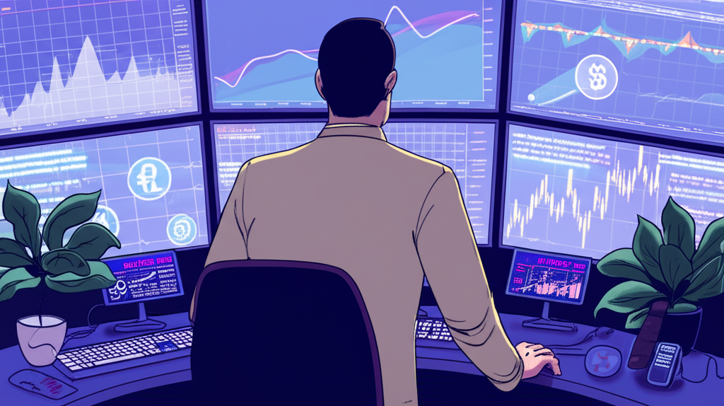 Thai trader monitoring forex trades with growth and risk management symbols