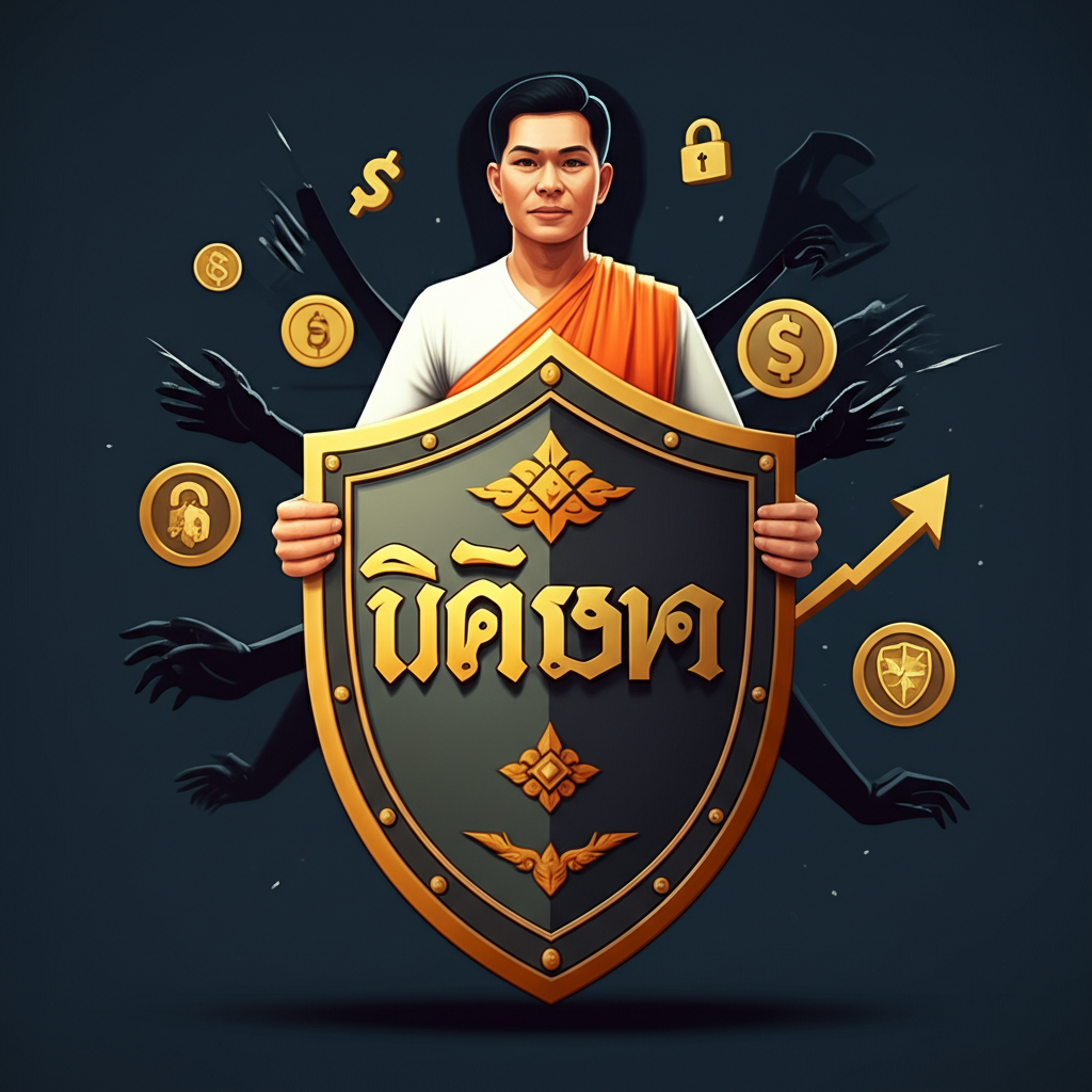 Illustration shield protecting Thai trader from high fees and scam risks safe trading choices