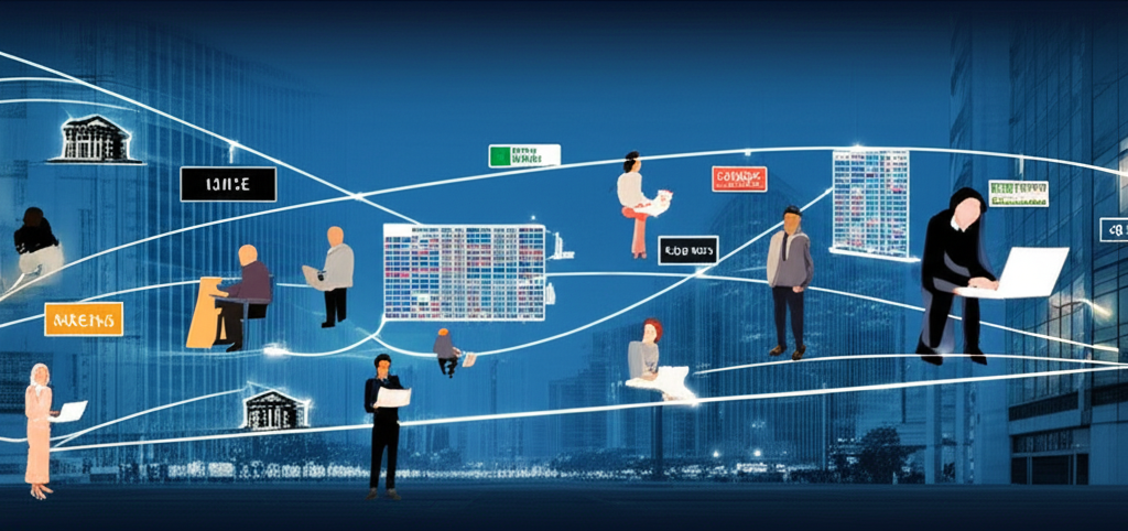 ภาพประกอบผู้เข้าร่วมตลาด Forex หลากหลาย เช่น ธนาคาร บริษัท และนักลงทุนรายย่อย ที่เชื่อมต่อกันในตลาดดิจิทัล