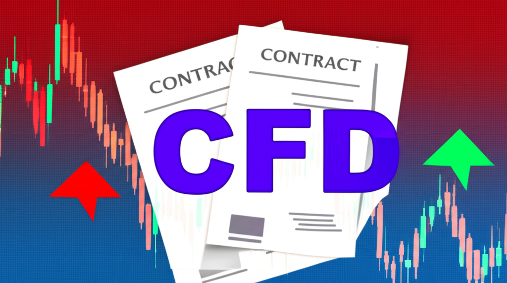 ภาพแนวคิดนามธรรมของ CFD แสดงเป็นสัญญา ความแตกต่างของราคา และลูกศรชี้ขึ้นลงบนหน้าจอดิจิทัล