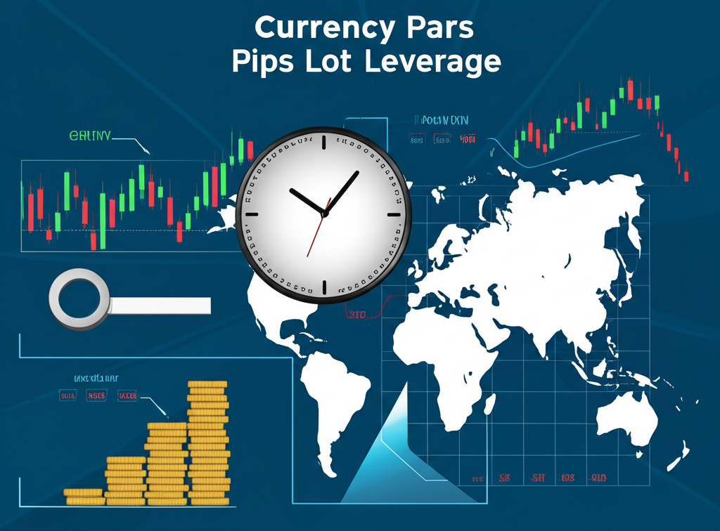 Illustration of currency pairs pips lots leverage concepts with price charts and a world clock