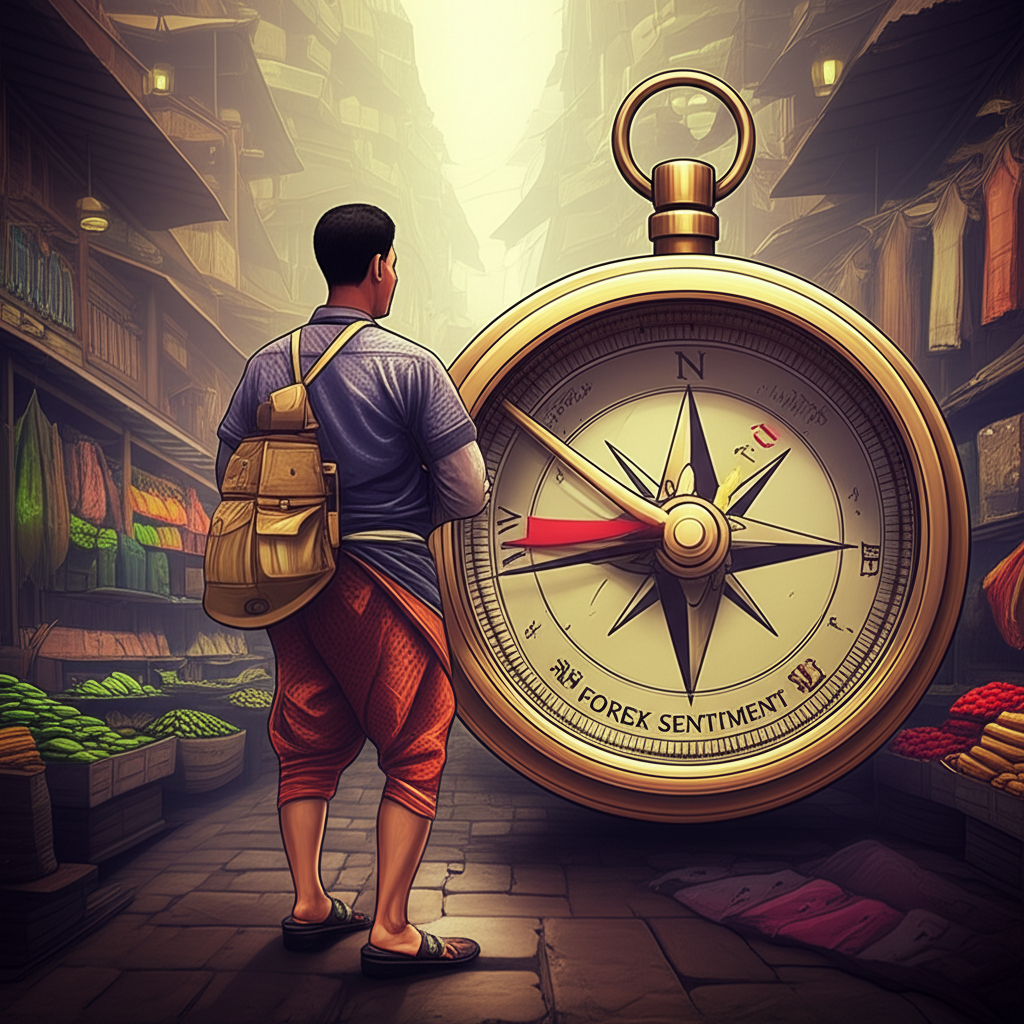 A Thai trader navigating a complex market with a compass labeled Forex Sentiment illustration