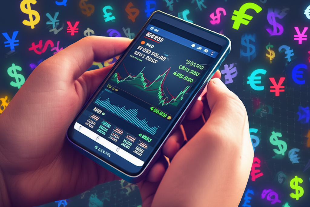 illustration a person trading forex on a mobile phone with global currency symbols in the background vibrant colors