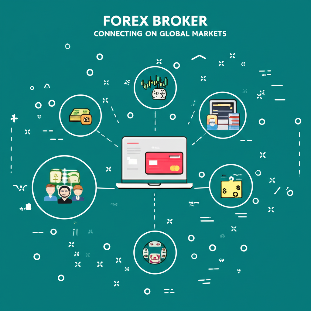 ภาพประกอบประเภทโบรกเกอร์ Forex ที่เชื่อมโยงนักเทรดกับตลาดโลก แสดงสเปรด แพลตฟอร์ม และเลเวอเรจ