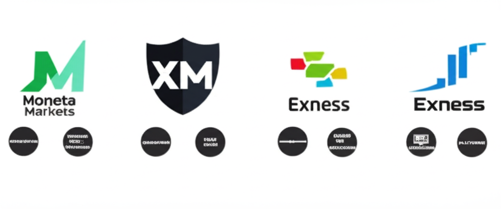 โบรกเกอร์ Forex ชั้นนำ Moneta Markets, XM, Exness พร้อมไอคอนกำกับดูแล สเปรด และแพลตฟอร์มการเทรด