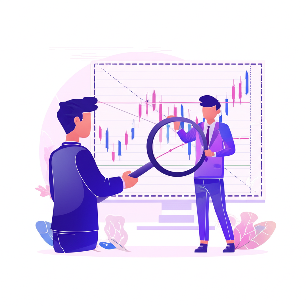 ภาพประกอบเทรดเดอร์วิเคราะห์กราฟฟอเร็กซ์พร้อมเส้นโครงสร้างตลาดและแว่นขยายบนราคา