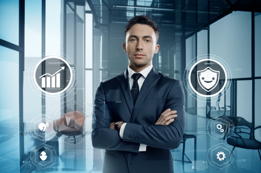 An illustration of a confident trader with four icons representing strategy performance risk confidence and optimization