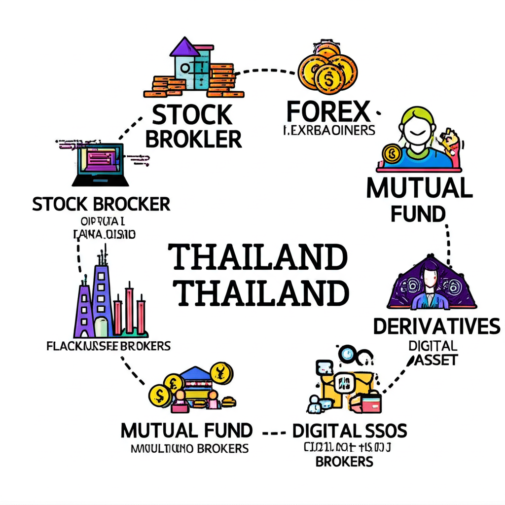 ภาพประกอบประเภทโบรคเกอร์ต่างๆ ในไทย เช่น หุ้น Forex กองทุนรวม อนุพันธ์ และสินทรัพย์ดิจิทัล