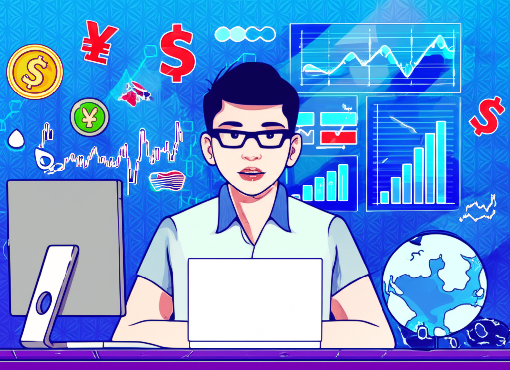 นักเทรดชาวไทยกำลังวิเคราะห์กราฟการเทรด Forex บนหน้าจอคอมพิวเตอร์ พร้อมสัญลักษณ์สกุลเงินและตลาดโลก