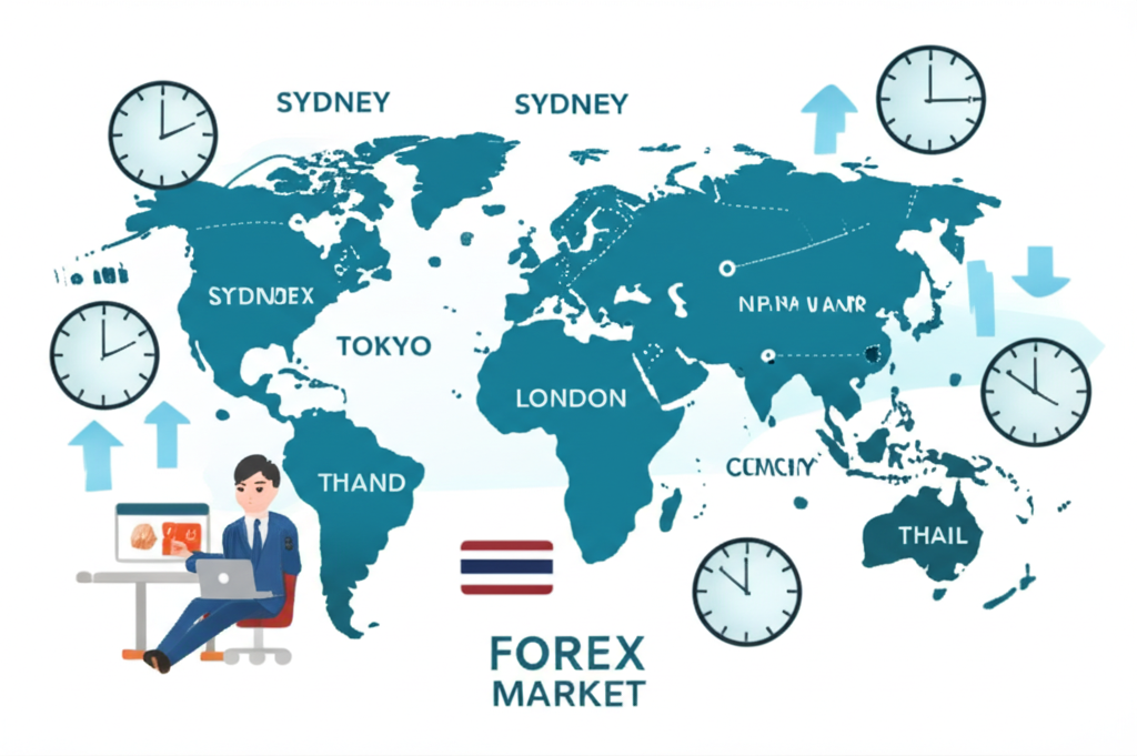 Global Forex market sessions map with clocks for Sydney Tokyo London New York and Thai trader planning