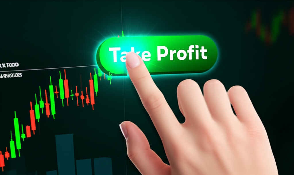 Hand pressing Take Profit button on trading screen to close position at target price