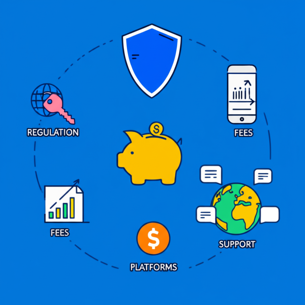 ไอคอนเกณฑ์การเลือกโบรกเกอร์ Forex: โล่ป้องกันสำหรับการกำกับดูแล สมาร์ทโฟนสำหรับแพลตฟอร์ม กระปุกออมสำหรับค่าธรรมเนียม และโลกกลมสำหรับการสนับสนุนลูกค้า