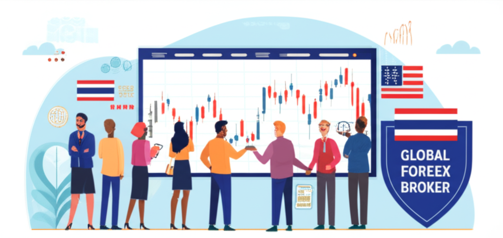 Illustration of diverse traders in Thailand looking at a global forex market chart with a reliable broker icon in 2025