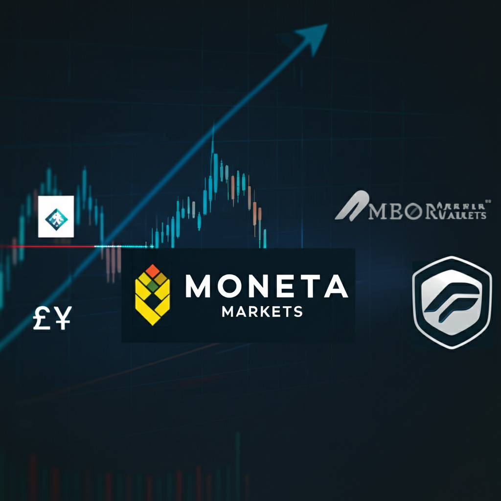 Illustration of five different forex broker logos a prominent Moneta Markets logo in the center with trading elements