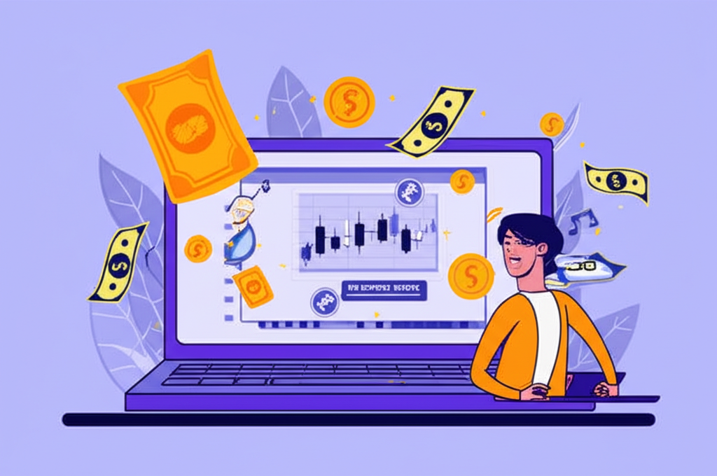 illustration of a Thai person happily trading forex on a laptop with money symbols and a no deposit bonus sign
