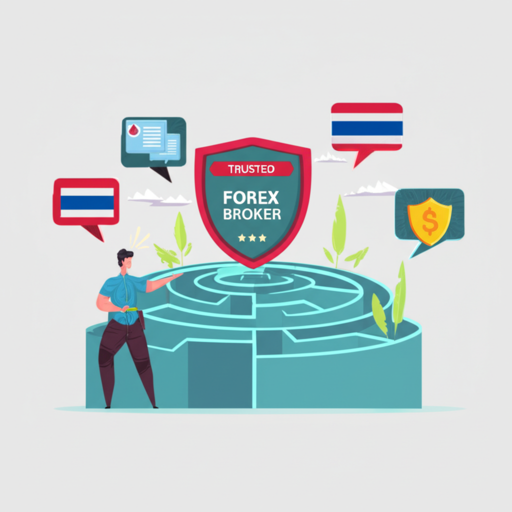 An illustration of a Thai trader carefully selecting a trusted forex broker represented by a sturdy shield or a guiding light amidst a maze of uncertain choices symbolizing security and smooth trading