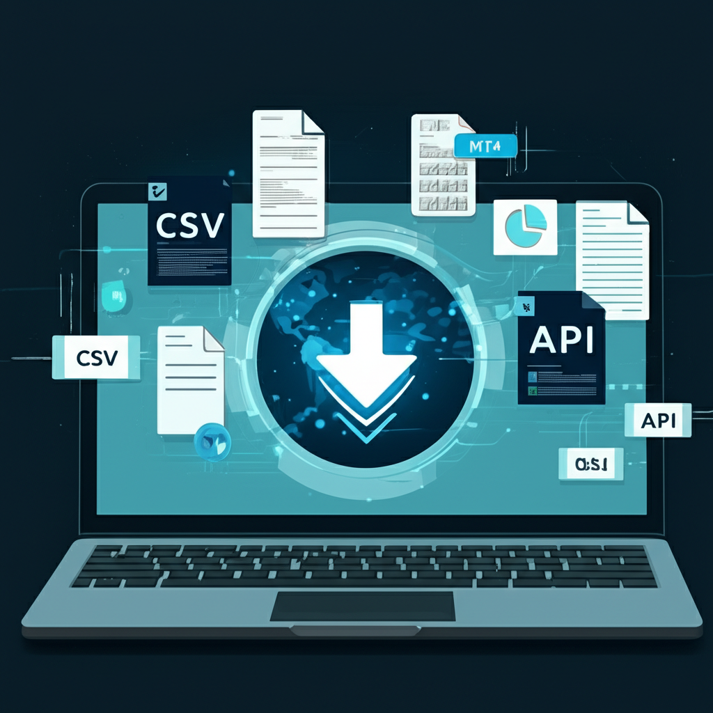 data icons CSV MT4 Excel API floating around screen download progress from forex data providers