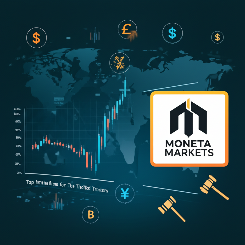 illustration showing various financial elements like charts currency symbols regulations and a highlighted Moneta Markets logo representing top broker choice for Thai traders