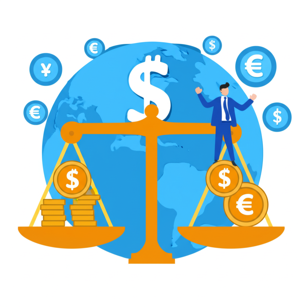 Illustration of a Thai person balancing risk and reward scales with global financial symbols