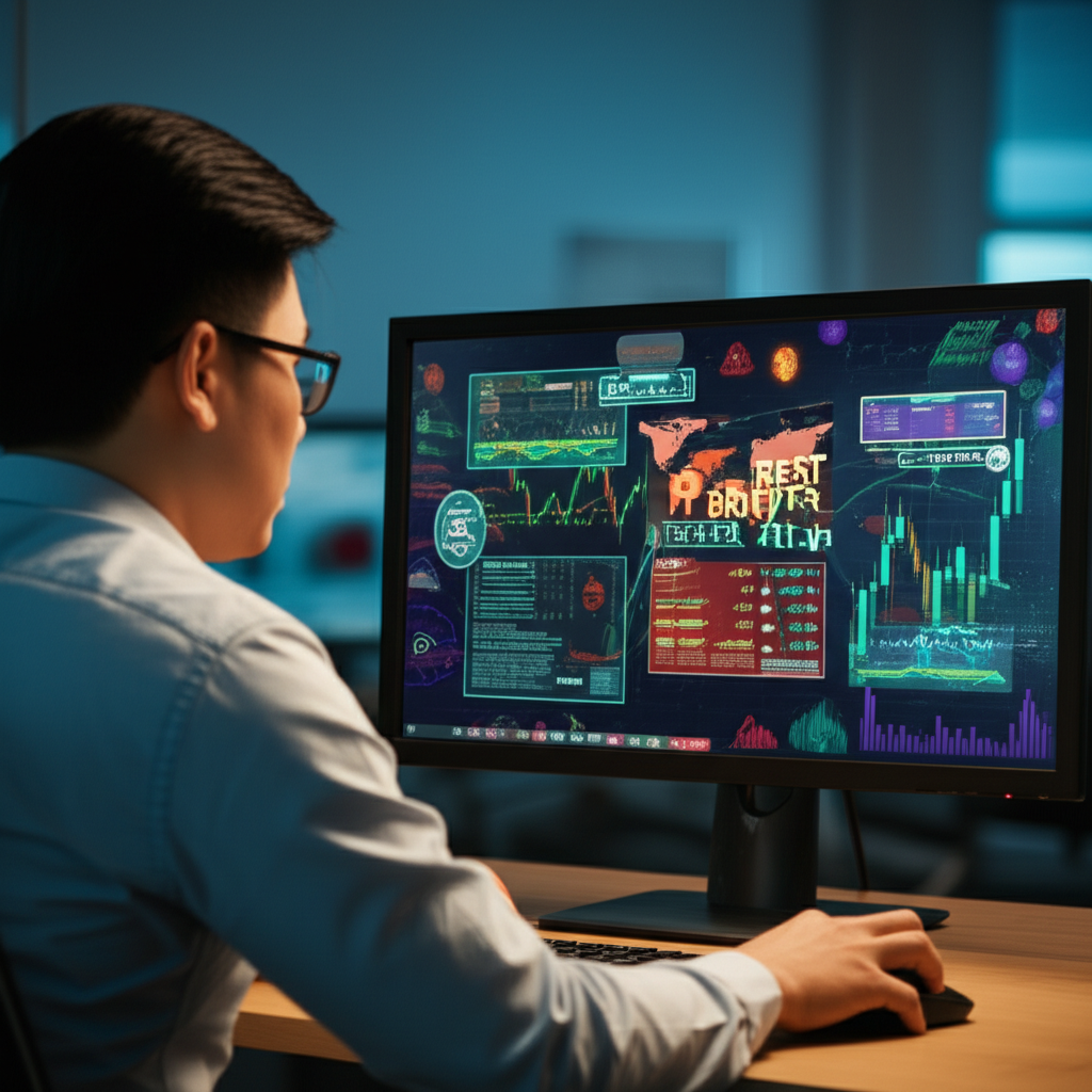 Thai trader navigates a complex global forex market on a screen seeking the best broker for 2025 illustration