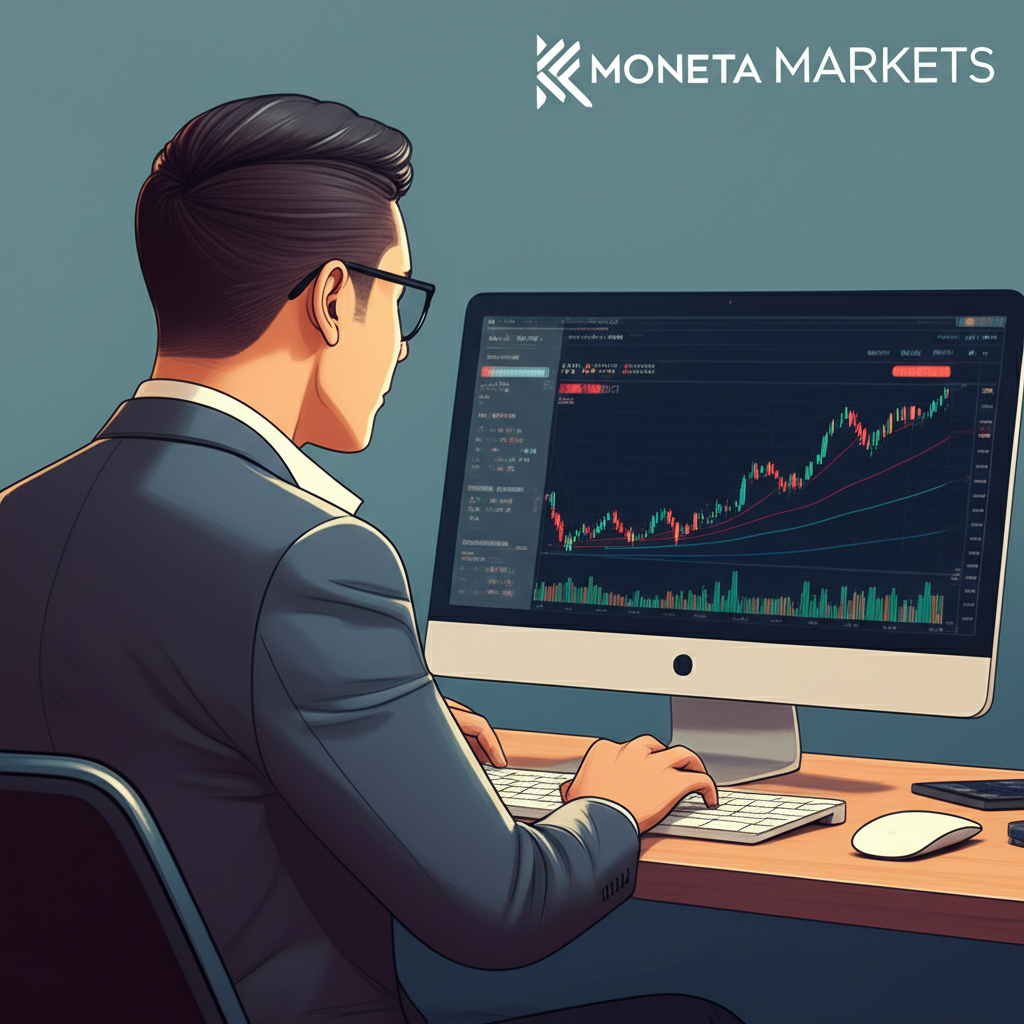 Illustration of a Thai investor confidently using a laptop to trade Forex with global market data and the Moneta Markets logo