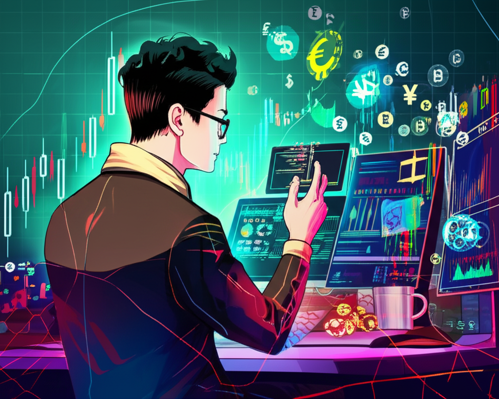 Illustration of a Thai trader confidently analyzing a forex chart with global currency symbols floating around vibrant colors digital style