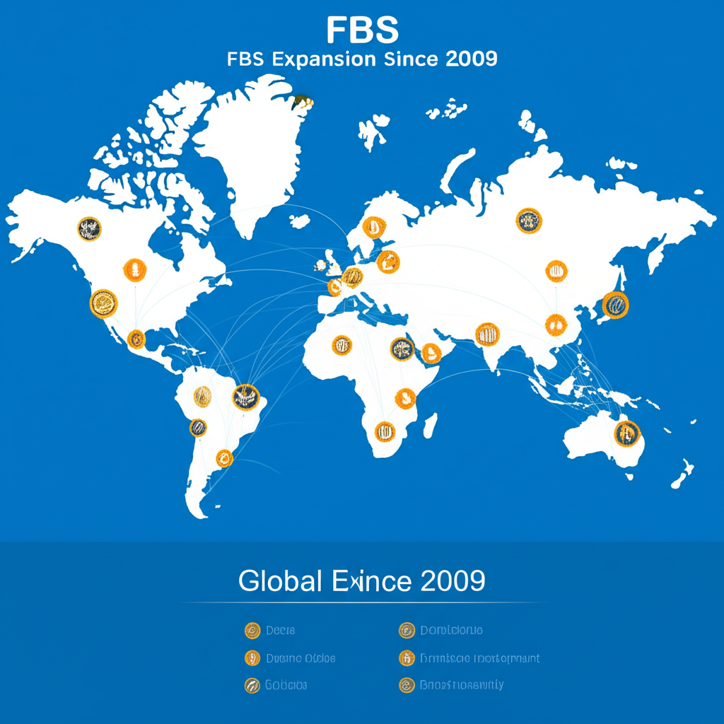 illustration global map showing FBS expansion since 2009 with many clients and diverse financial instruments
