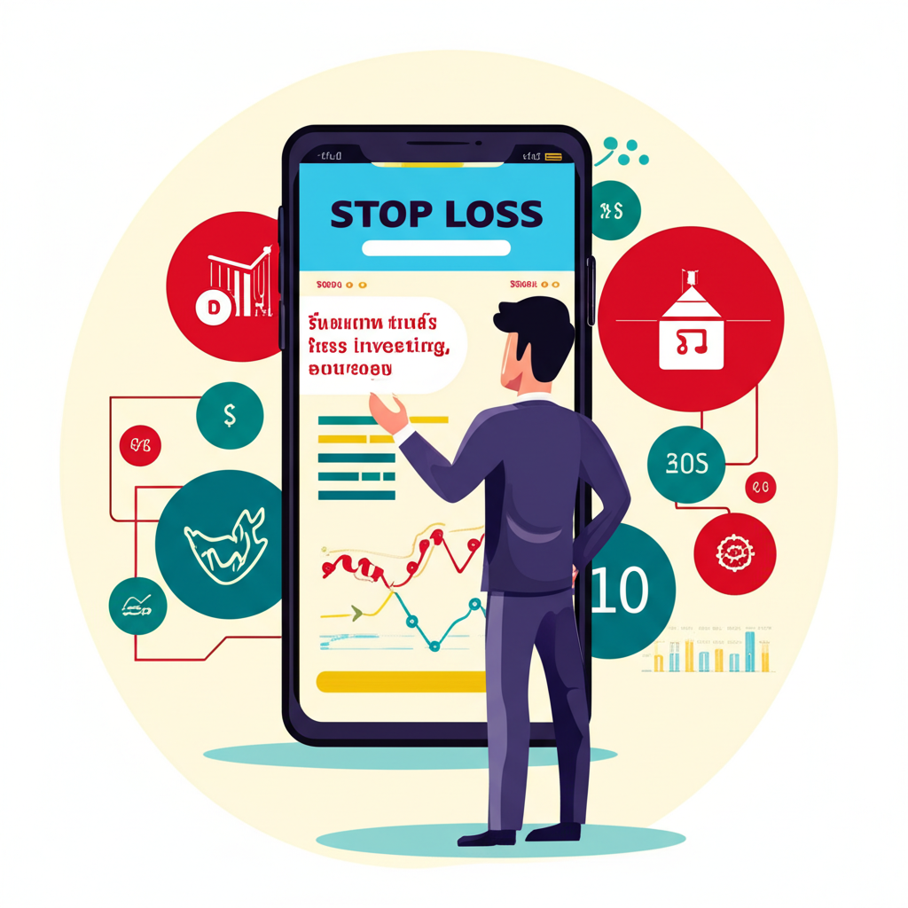 ภาพประกอบ: นักลงทุนชาวไทยศึกษาเรื่อง Stop Loss ผ่านแอปเทรดมือถือ พร้อมสัญลักษณ์ของตลาดต่าง ๆ เช่น หุ้น ฟอเร็กซ์ และคริปโตเคอร์เรนซี