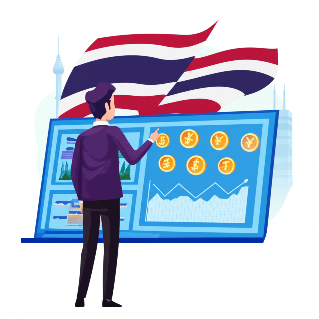 An illustration of a Thai trader confidently trading in a global forex market with digital currency symbols and charts