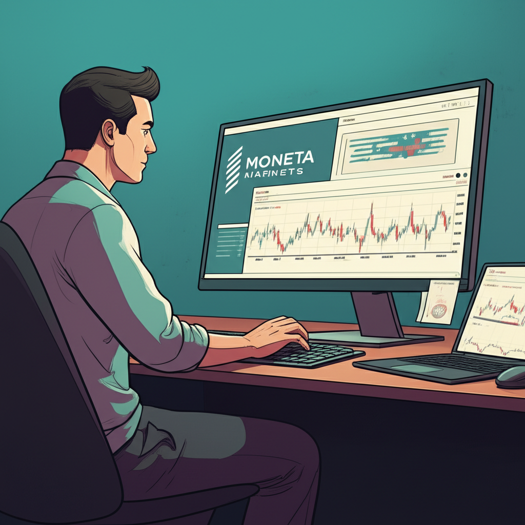 เทรดเดอร์ในประเทศไทยกำลังตรวจสอบกราฟค่าสเปรด Forex พร้อมโลโก้ Moneta Markets