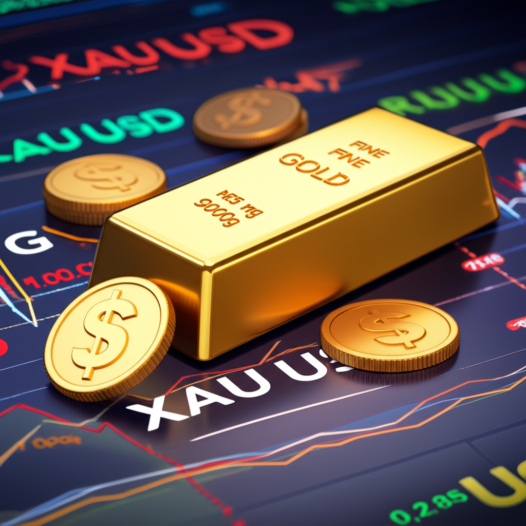 ภาพประกอบแท่งทองบนกราฟดิจิทัลพร้อมสัญลักษณ์ XAU/USD และเหรียญดอลลาร์แทนการเทรด Forex