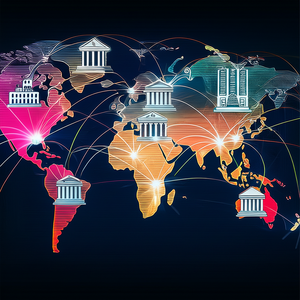 illustration of a global network of banks and institutions facilitating 24/5 currency trading