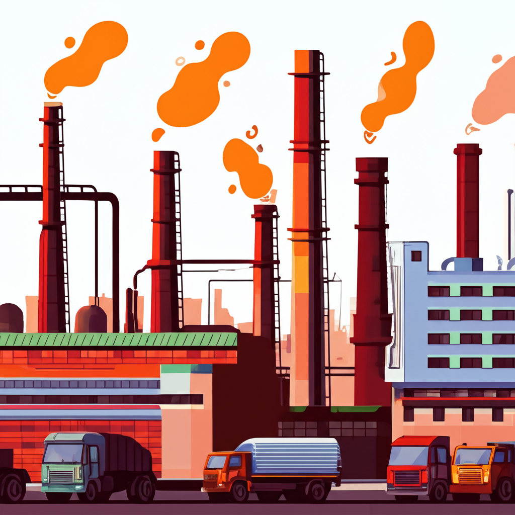 โรงงานอุตสาหกรรมที่มีปล่องควันและรถบรรทุกในบรรยากาศการผลิตที่คึกคัก