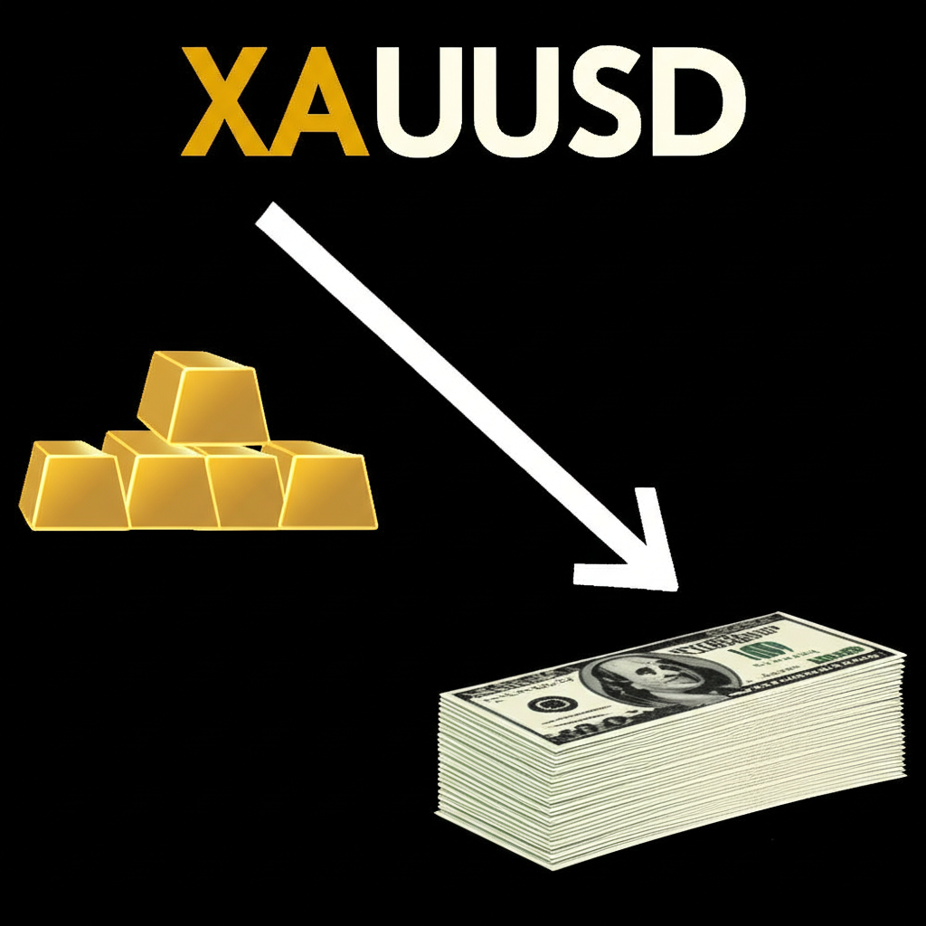สัญลักษณ์ XAUUSD กับแท่งทองคำและเงินดอลลาร์สหรัฐแสดงความสัมพันธ์ผกผัน