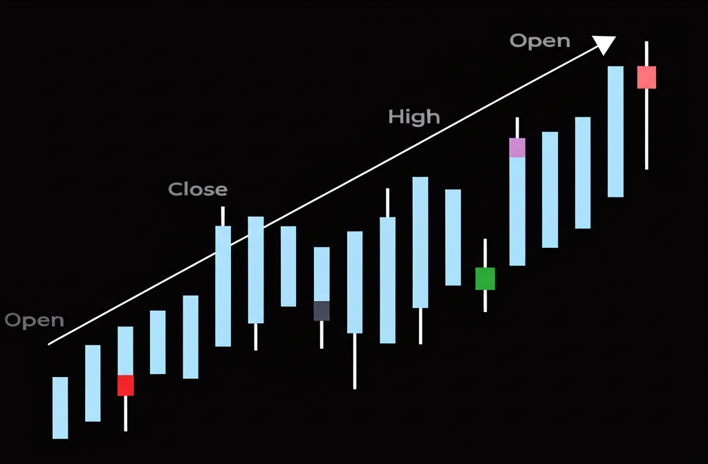 ภาพประกอบกราฟเส้นที่ชัดเจนและกราฟแท่งเทียนละเอียดพร้อมป้ายกำกับราคาเปิด สูง ต่ำ ปิด