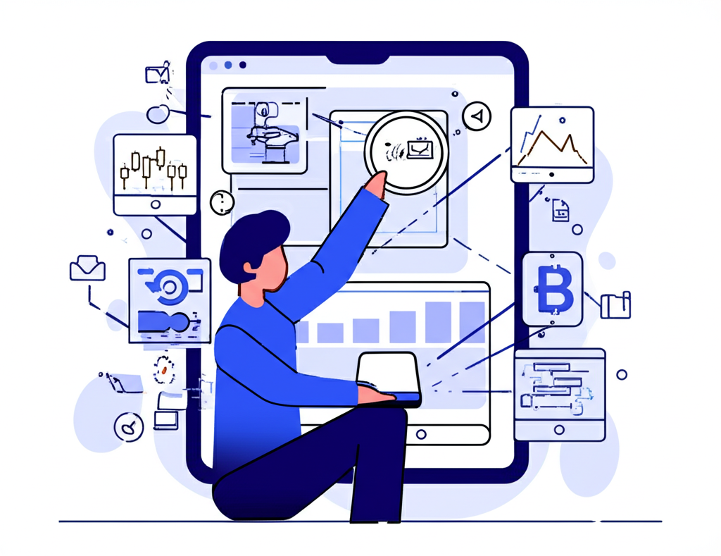 ภาพประกอบบุคคลเชื่อมต่อกับตลาด forex ระดับโลกผ่านแพลตฟอร์มของโบรกเกอร์