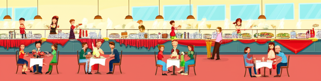 ฉากร้านอาหารบุฟเฟต์ที่คึกคักพร้อมอาหารหลากหลายและผู้รับประทานที่ยิ้มแย้ม