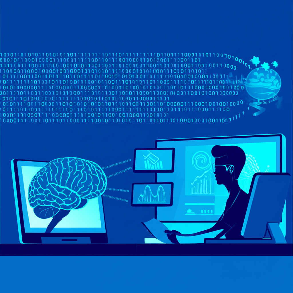 Illustration of a brain with data flowing to a computer screen and a human analyst making decisions