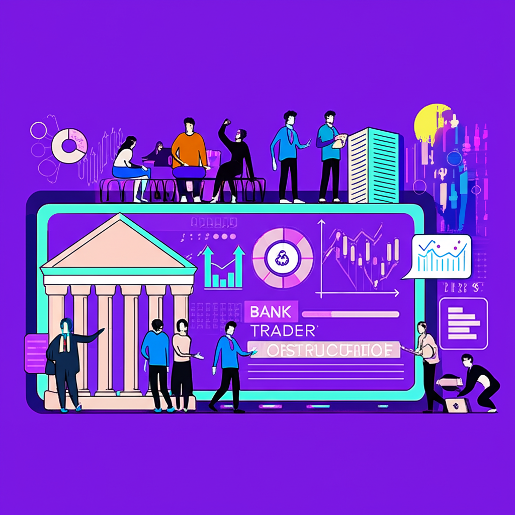 ภาพประกอบบุคคลหลากหลายแทนธนาคาร สถาบัน บริษัท และเทรดเดอร์รายย่อยบนแพลตฟอร์มการซื้อขายดิจิทัล