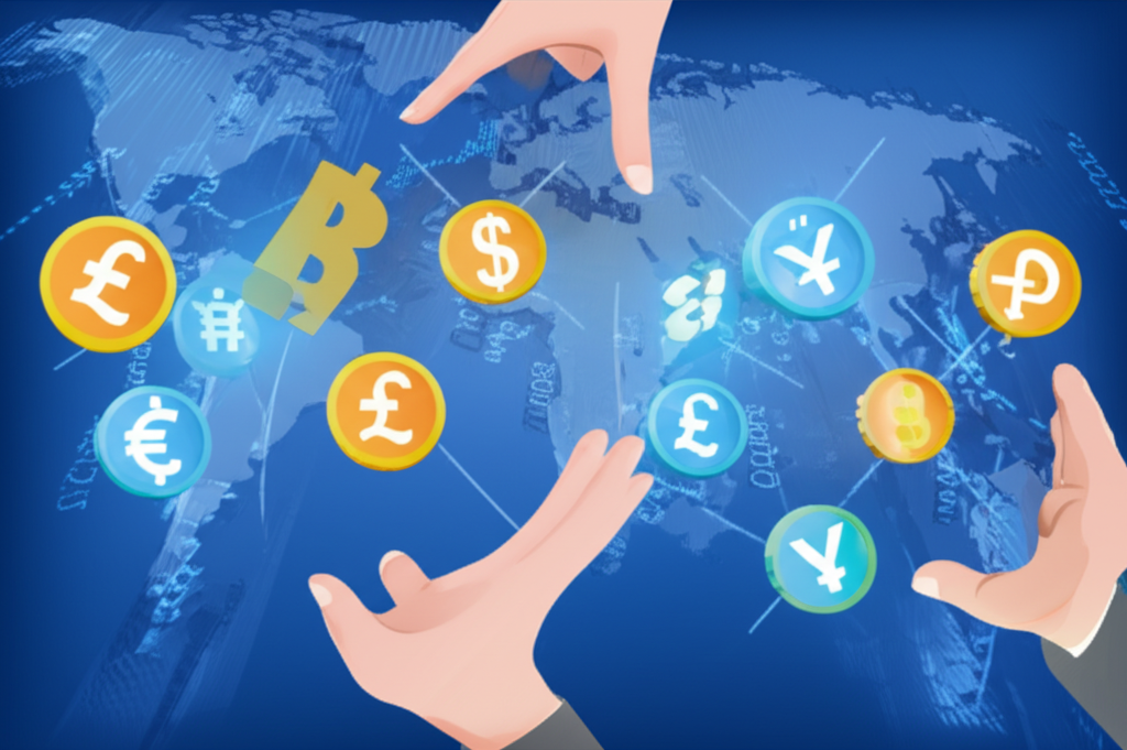 ภาพประกอบตลาด Forex ภาพรวมการแลกเปลี่ยนสกุลเงินทั่วโลกบนหน้าจอดิจิทัลพร้อมพื้นหลังแผนที่โลก