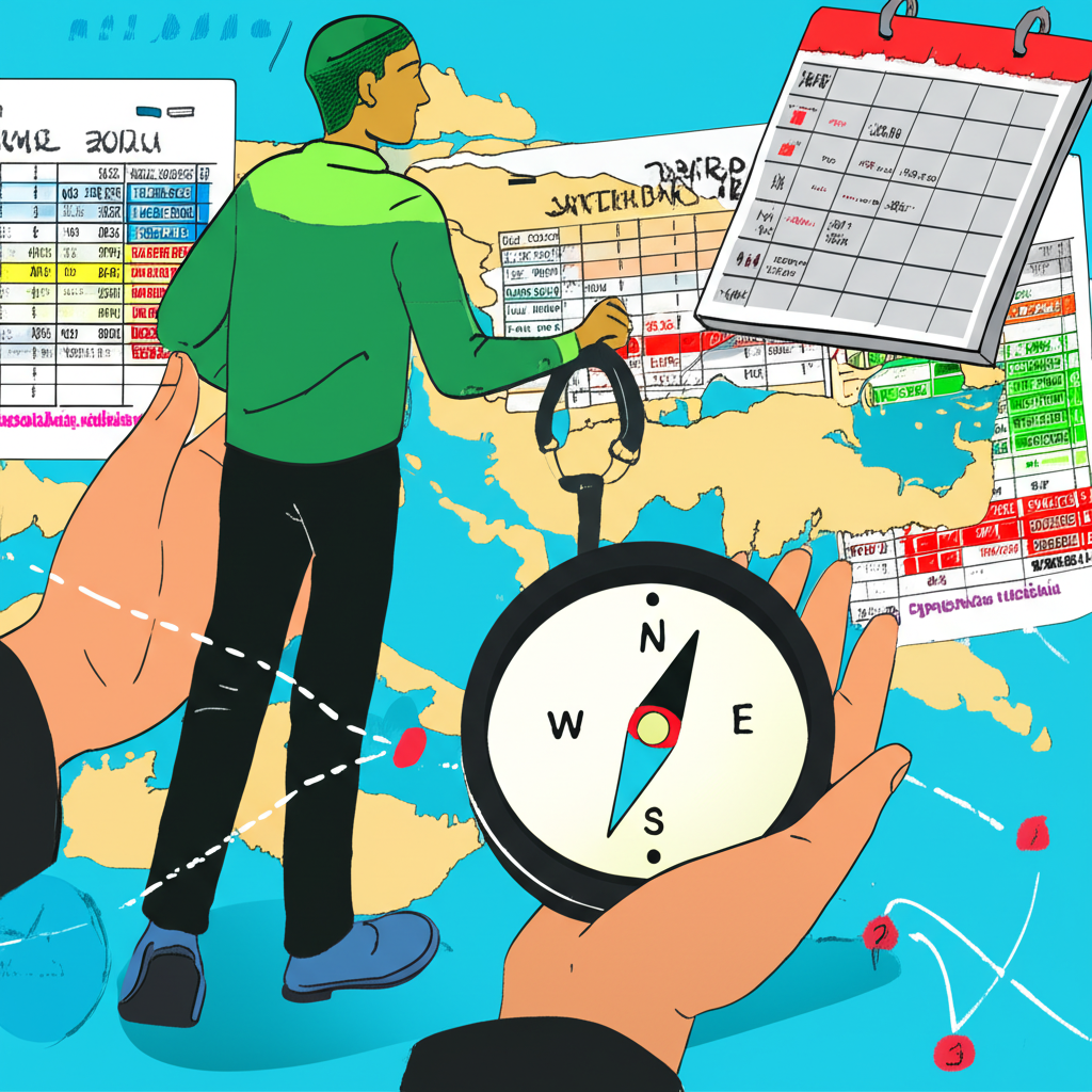illustration of a person navigating a forex market map with a compass and a forex calendar