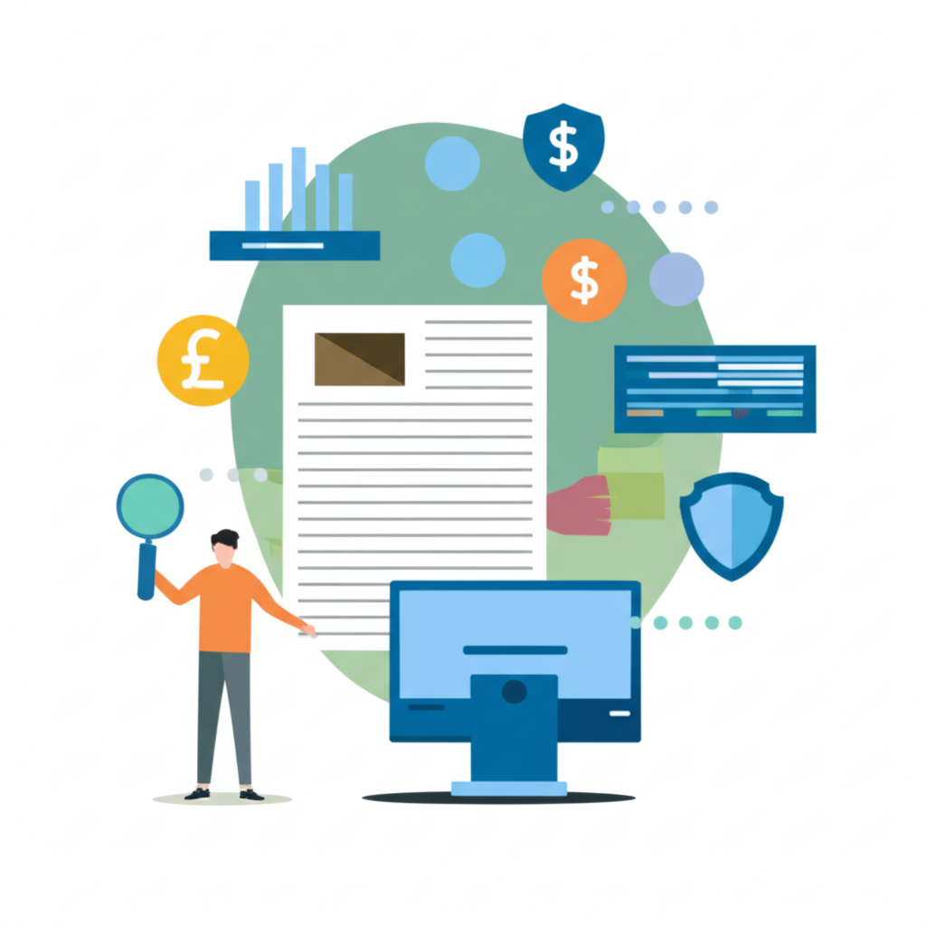 ภาพประกอบบุคคลกำลังศึกษาหลักฐานเอกสารและหน้าจอคอมพิวเตอร์ด้วยแว่นขยายล้อมรอบด้วยสัญลักษณ์การเงินและโล่ป้องกัน