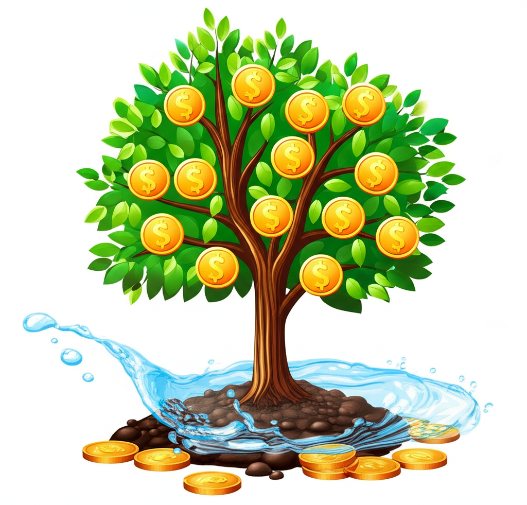 Illustration of growing money tree with dividend coins and flowing liquid representing stock market liquidity