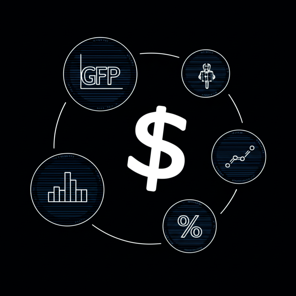 ภาพประกอบไอคอนตัวชี้วัดเศรษฐกิจเช่น GDP CPI NFP อัตราดอกเบี้ย รอบสัญลักษณ์สกุลเงิน