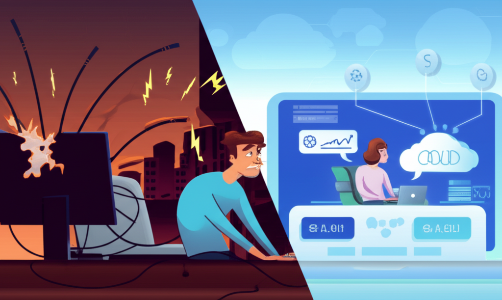 Illustration of a frustrated trader with a broken computer and internet issues contrasted with a smooth cloud trading setup