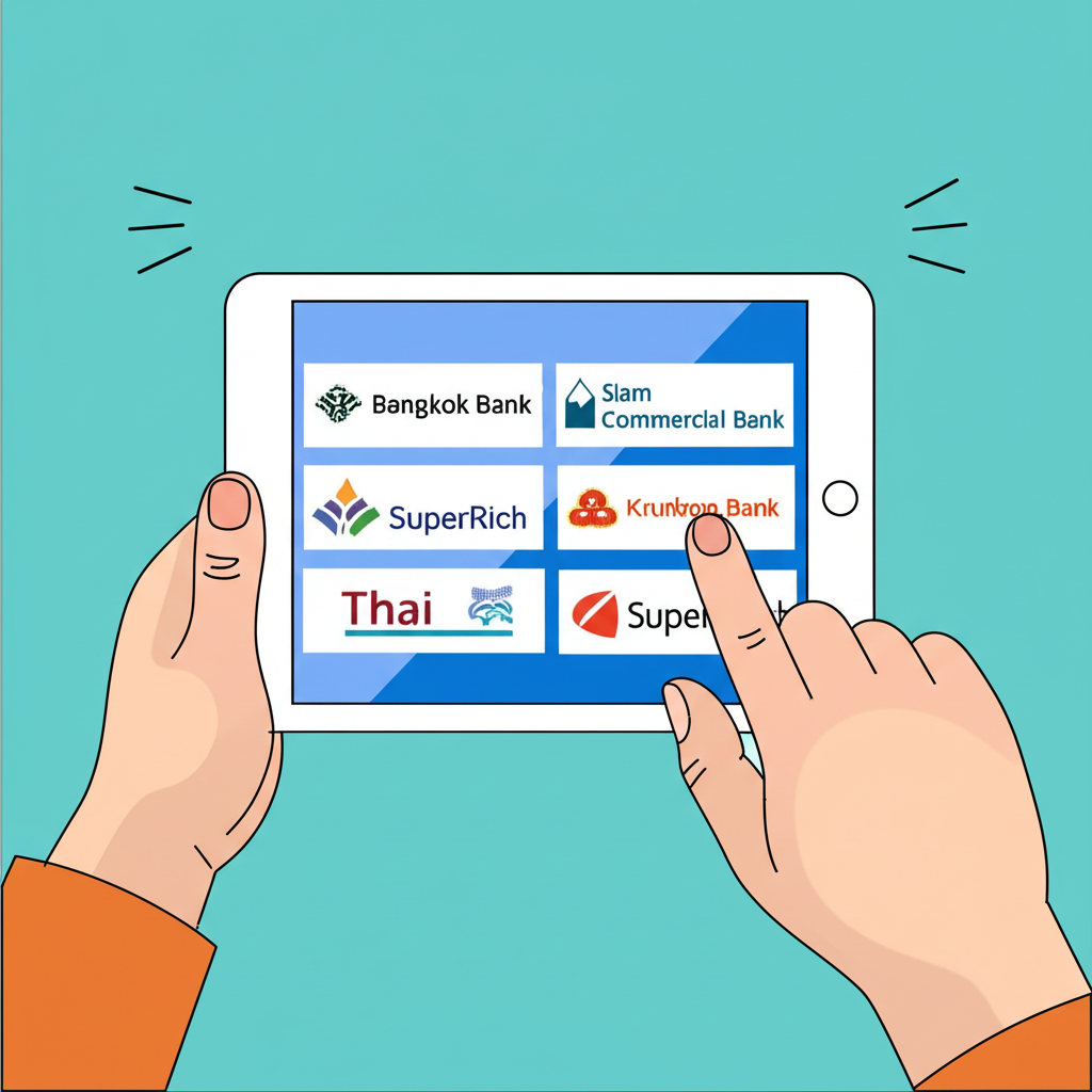 ภาพประกอบบุคคลกำลังเปรียบเทียบอัตราแลกเปลี่ยนบนหน้าจอดิจิทัล พร้อมโลโก้ธนาคารไทยและร้านแลกเงินอย่าง SuperRich