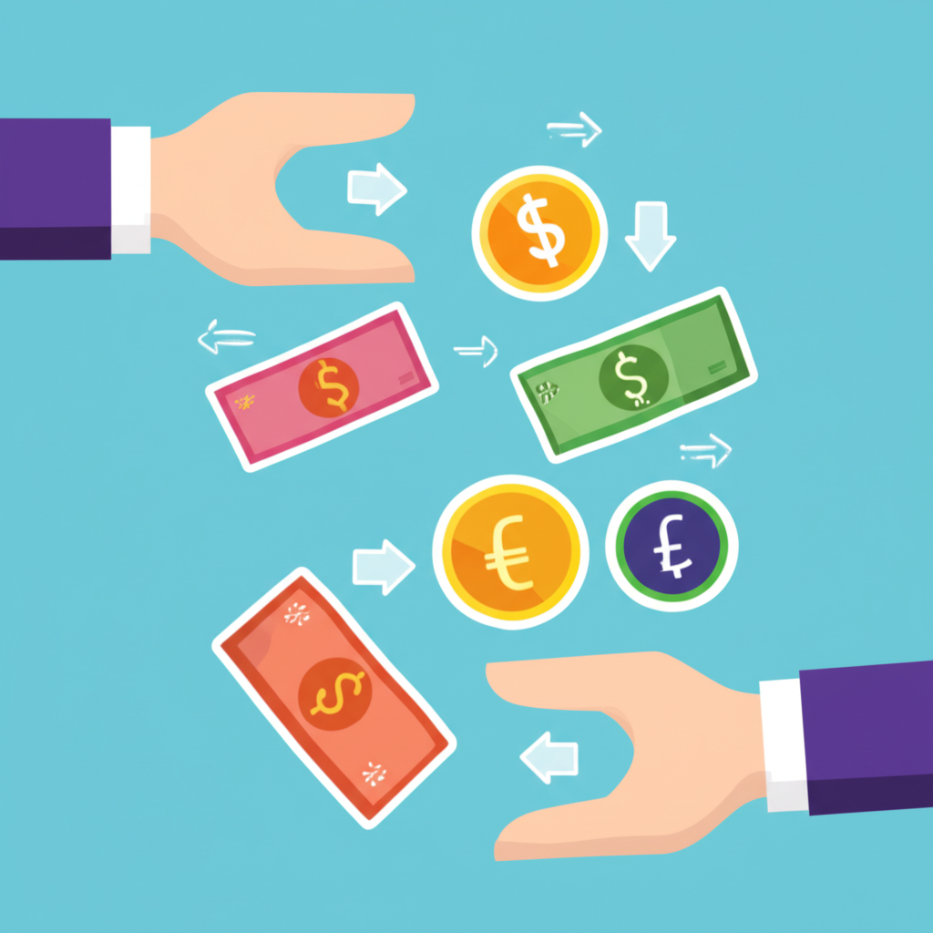 ภาพประกอบการแลกเปลี่ยนสกุลเงินด้วยธนบัตรและเหรียญที่ไหลเวียนระหว่างมือ แสดงถึงอัตราซื้อและขาย