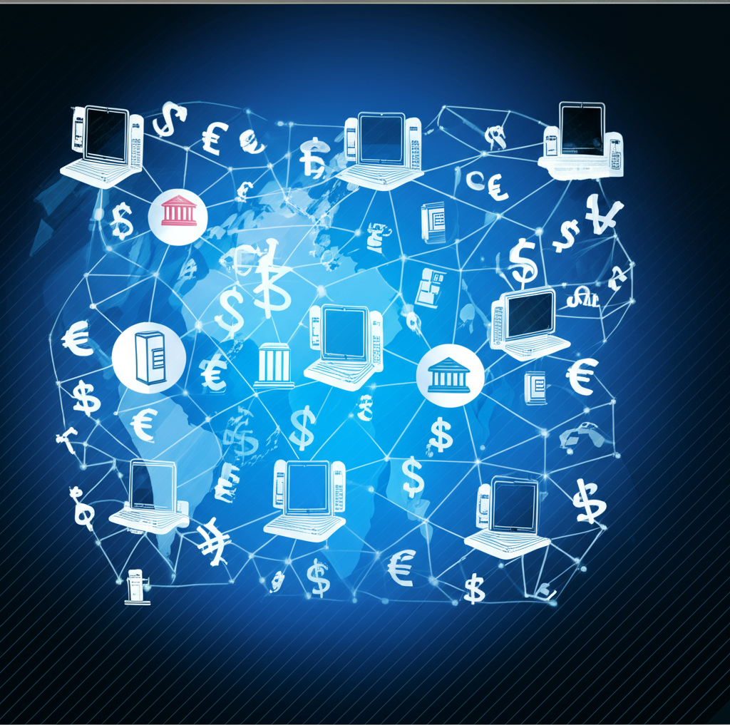 ภาพประกอบเครือข่ายคอมพิวเตอร์เชื่อมต่อธนาคารและนักลงทุนทั่วโลกพร้อมสัญลักษณ์สกุลเงินลอยรอบๆ